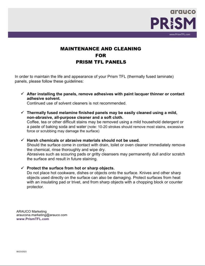 Maintenance and Cleaning for PRISM TFL Panel